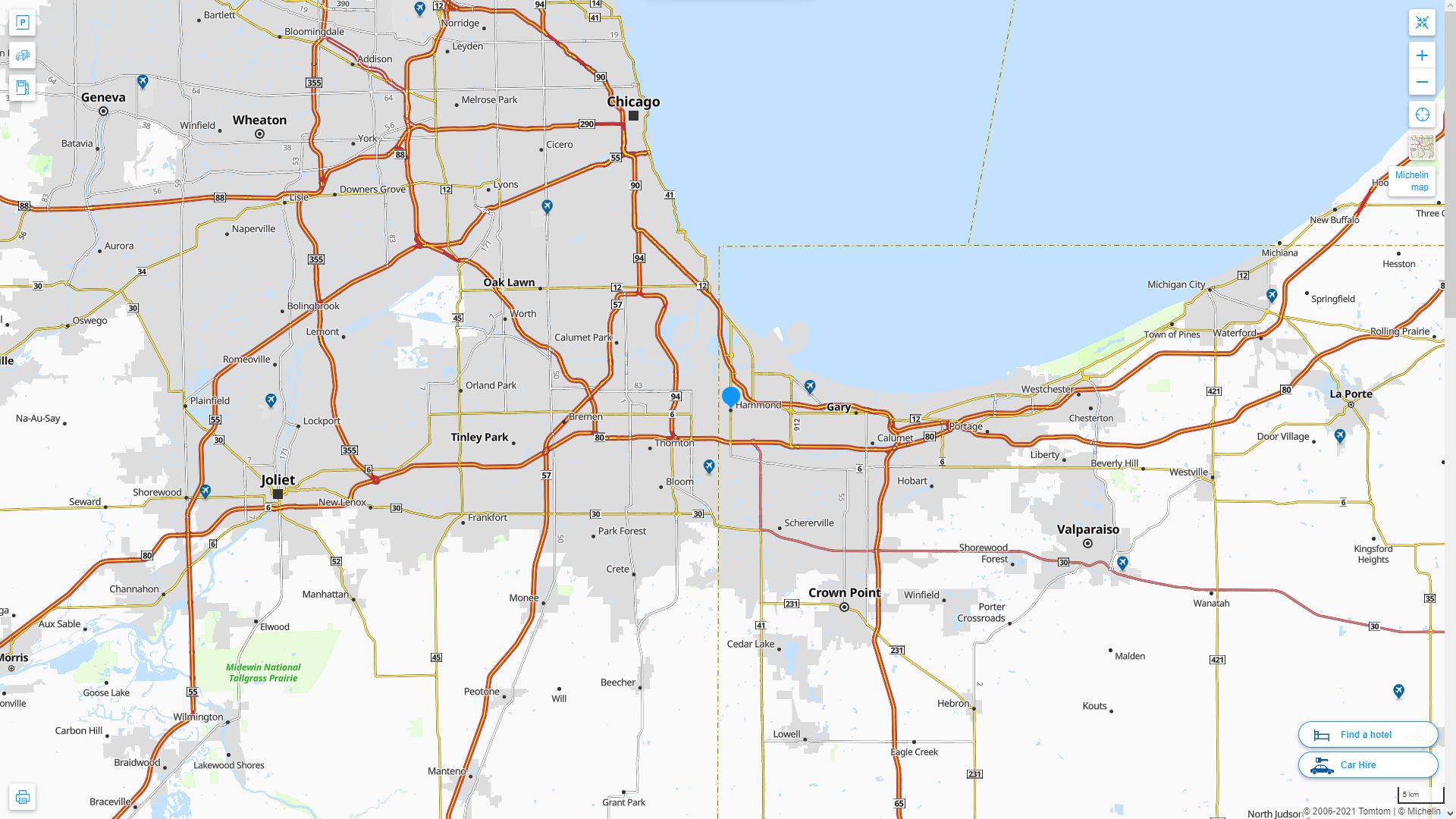 Hammond Indiana Highway and Road Map